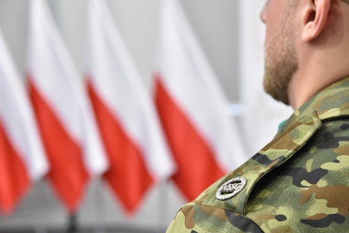 Znak identyfikujący studenta WSSG na tle biało-czerwonych flag Znak identyfikujący studenta WSSG na tle biało-czerwonych flag